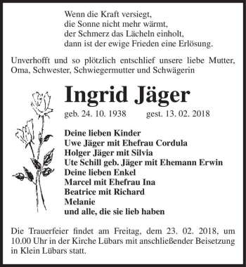 Traueranzeige von Ingrid Jäger  von Magdeburger Volksstimme