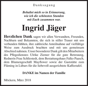 Traueranzeige von Ingrid Jäger  von Magdeburger Volksstimme
