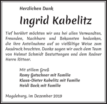 Traueranzeige von Ingrid Kabelitz  von Magdeburger Volksstimme