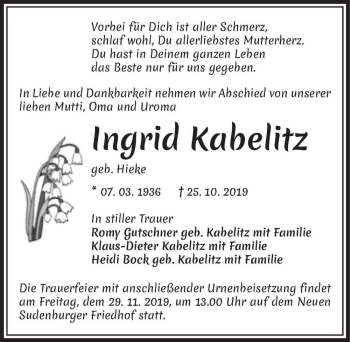 Traueranzeige von Ingrid Kabelitz (geb. Hieke)  von Magdeburger Volksstimme