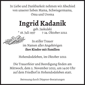 Traueranzeige von Ingrid Kadanik (geb. Jaskulski)  von Magdeburger Volksstimme