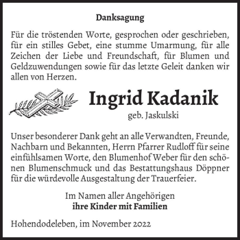 Traueranzeige von Ingrid Kadanik (geb. Jaskulski)  von Magdeburger Volksstimme