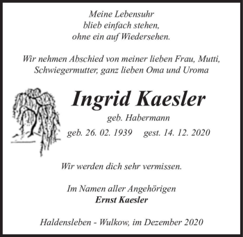 Traueranzeige von Ingrid Kaesler (geb. Habermann)  von Magdeburger Volksstimme