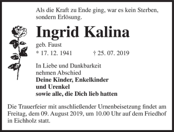 Traueranzeige von Ingrid Kalina (geb. Faust)  von Magdeburger Volksstimme