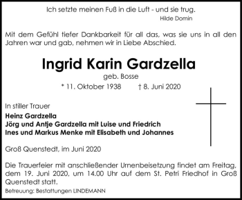 Traueranzeige von Ingrid Karin Gardzella (geb. Bosse)  von Magdeburger Volksstimme