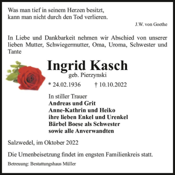 Traueranzeige von Ingrid Kasch (geb. Pierzynski)  von Magdeburger Volksstimme