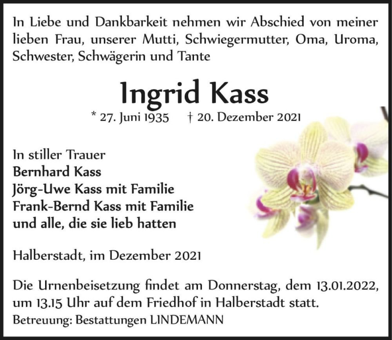  Traueranzeige für Ingrid Kass  vom 24.12.2021 aus Magdeburger Volksstimme
