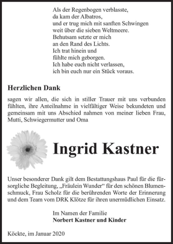 Traueranzeige von Ingrid Kastner  von Magdeburger Volksstimme