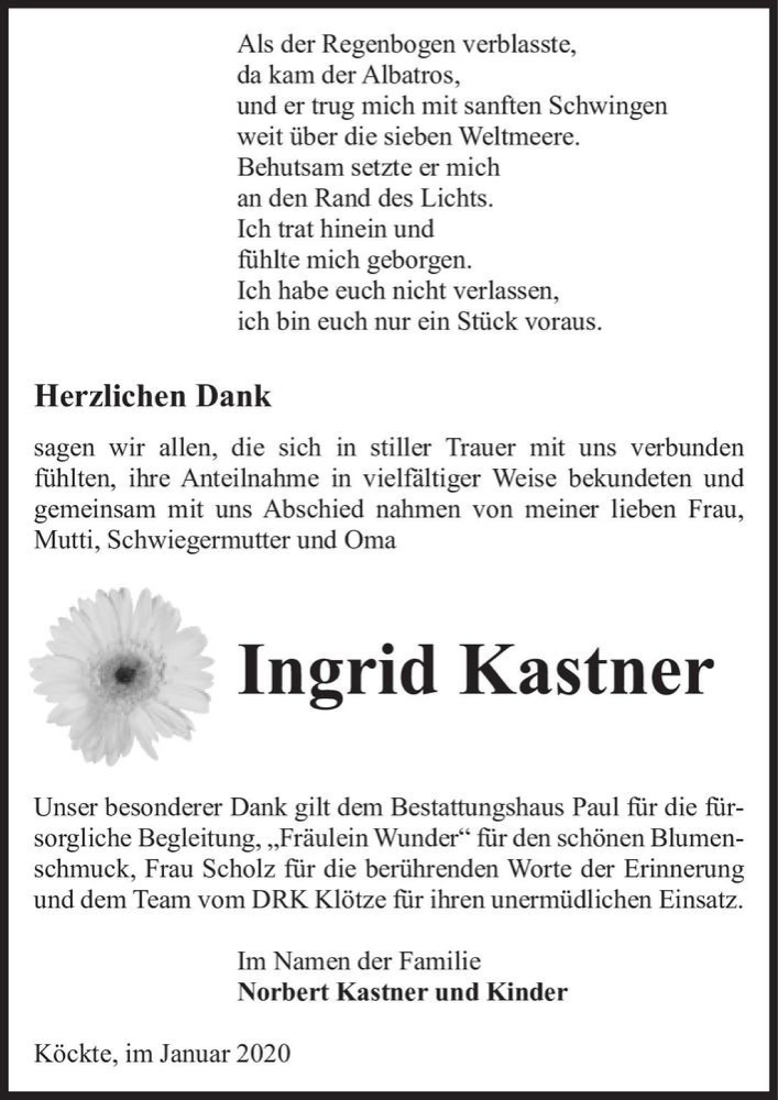  Traueranzeige für Ingrid Kastner  vom 22.02.2020 aus Magdeburger Volksstimme