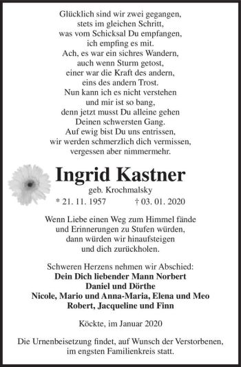 Traueranzeige von Ingrid Kastner (geb. Krochmalsky)  von Magdeburger Volksstimme