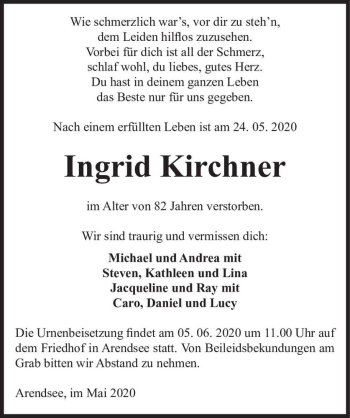 Traueranzeige von Ingrid Kirchner  von Magdeburger Volksstimme