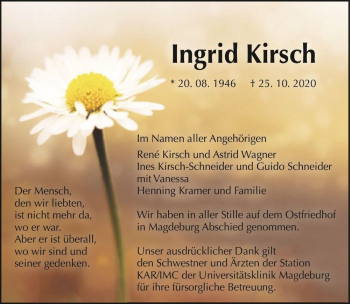 Traueranzeige von Ingrid Kirsch  von Magdeburger Volksstimme