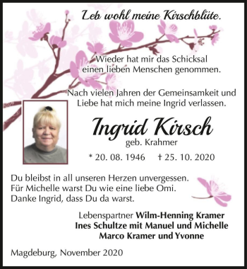 Traueranzeige von Ingrid Kirsch (geb. Krahmer)  von Magdeburger Volksstimme