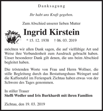 Traueranzeige von Ingrid Kirstein  von Magdeburger Volksstimme