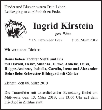 Traueranzeige von Ingrid Kirstein (geb. Witte)  von Magdeburger Volksstimme
