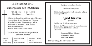 Traueranzeige von Ingrid Kirsten (geb. Reß)  von Magdeburger Volksstimme