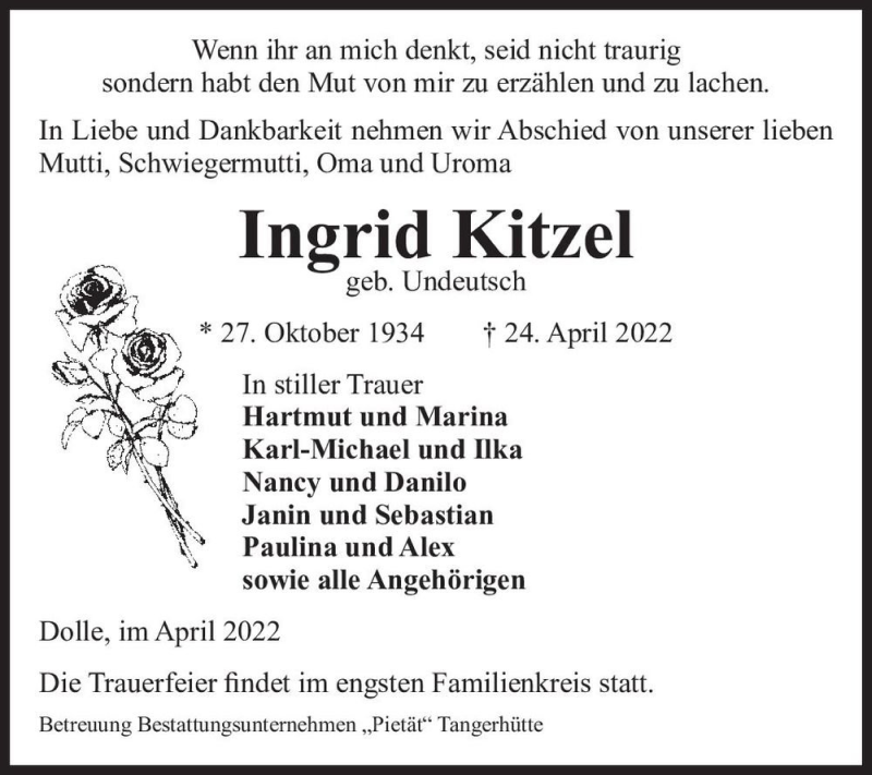  Traueranzeige für Ingrid Kitzel (geb. Undeutsch)  vom 30.04.2022 aus Magdeburger Volksstimme