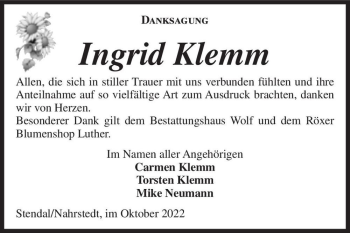 Traueranzeige von Ingrid Klemm  von Magdeburger Volksstimme
