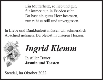 Traueranzeige von Ingrid Klemm  von Magdeburger Volksstimme