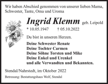 Traueranzeige von Ingrid Klemm (geb. Leipold)  von Magdeburger Volksstimme