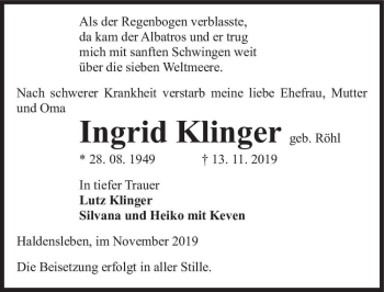 Traueranzeige von Ingrid Klinger (geb. Röhl)  von Magdeburger Volksstimme