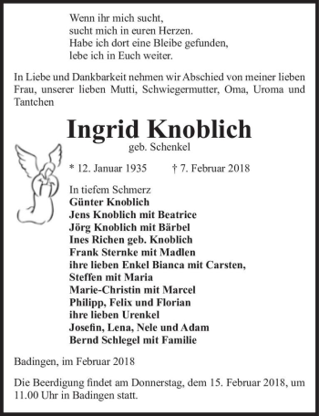 Traueranzeige von Ingrid Knoblich (geb. Schenkel)  von Magdeburger Volksstimme