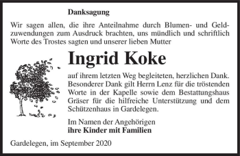 Traueranzeige von Ingrid Koke  von Magdeburger Volksstimme