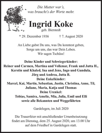 Traueranzeige von Ingrid Koke (geb. Bierstedt)  von Magdeburger Volksstimme