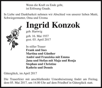 Traueranzeige von Ingrid Konzok (geb. Hartwig)  von Magdeburger Volksstimme
