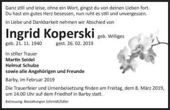 Traueranzeige von Ingrid Koperski (geb. Williges)  von Magdeburger Volksstimme