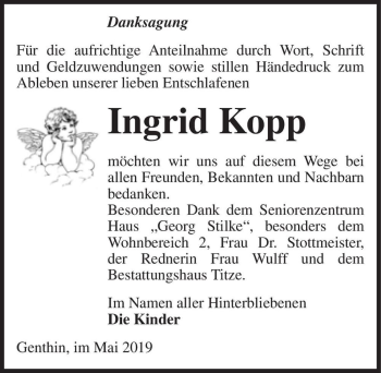 Traueranzeige von Ingrid Kopp  von Magdeburger Volksstimme