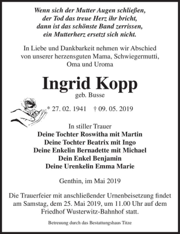 Traueranzeige von Ingrid Kopp (geb. Busse)  von Magdeburger Volksstimme