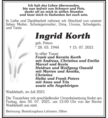 Traueranzeige von Ingrid Korth (geb. Peters)  von Magdeburger Volksstimme