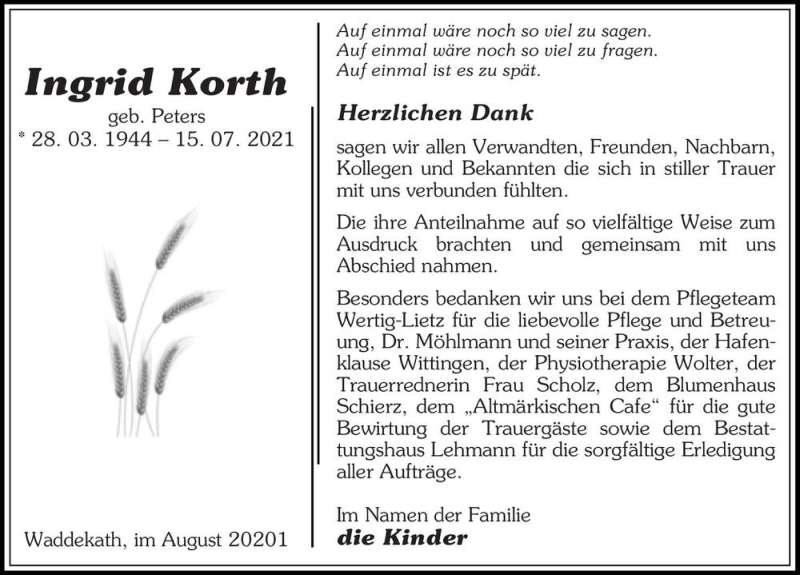  Traueranzeige für Ingrid Korth (geb. Peters)  vom 28.08.2021 aus Magdeburger Volksstimme