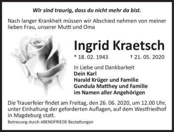Traueranzeige von Ingrid Kraetsch  von Magdeburger Volksstimme