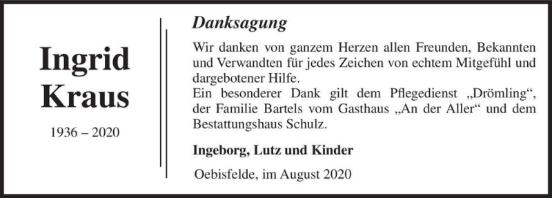  Traueranzeige für Ingrid Kraus  vom 21.08.2020 aus Magdeburger Volksstimme