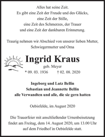 Traueranzeige von Ingrid Kraus (geb. Meyer)  von Magdeburger Volksstimme