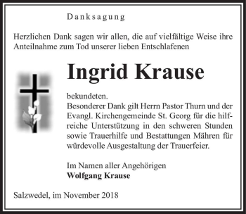 Traueranzeige von Ingrid Krause  von Magdeburger Volksstimme