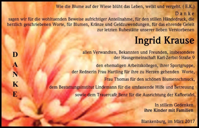  Traueranzeige für Ingrid Krause  vom 25.03.2017 aus Magdeburger Volksstimme