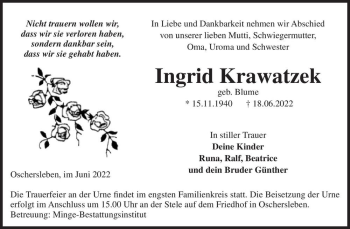 Traueranzeige von Ingrid Krawatzek (geb. Blume)  von Magdeburger Volksstimme