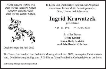 Traueranzeige von Ingrid Krawatzek (geb. Blume)  von Magdeburger Volksstimme