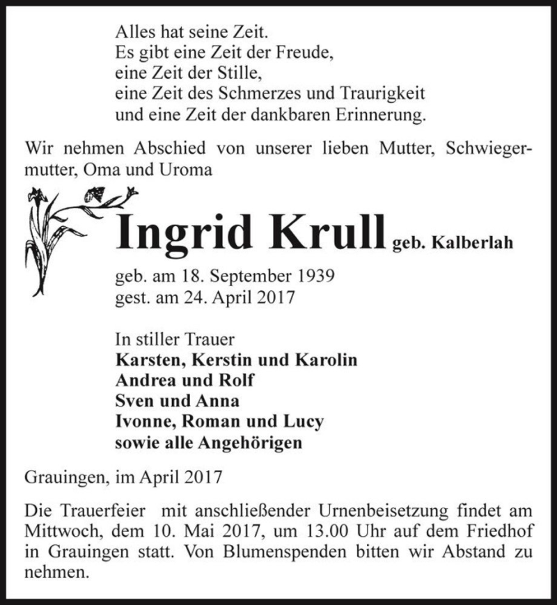 Traueranzeige für Ingrid Krull (geb. Kalberlah)  vom 26.04.2017 aus Magdeburger Volksstimme