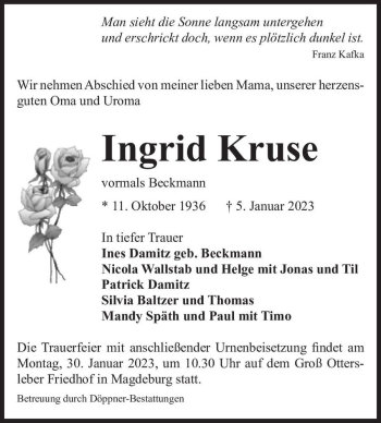 Traueranzeige von Ingrid Kruse (vormals Beckmann)  von Magdeburger Volksstimme