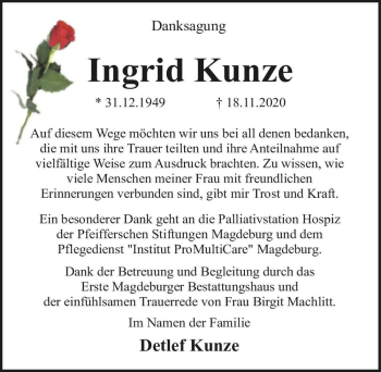 Traueranzeige von Ingrid Kunze  von Magdeburger Volksstimme