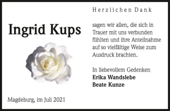 Traueranzeige von Ingrid Kups  von Magdeburger Volksstimme