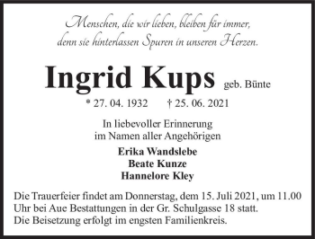 Traueranzeige von Ingrid Kups (geb. Bünte)  von Magdeburger Volksstimme