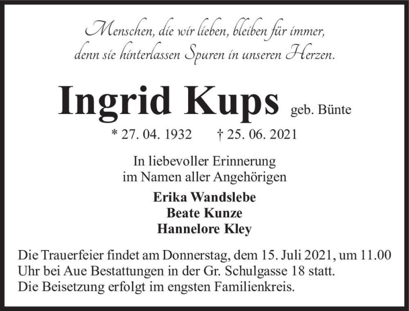  Traueranzeige für Ingrid Kups (geb. Bünte)  vom 03.07.2021 aus Magdeburger Volksstimme