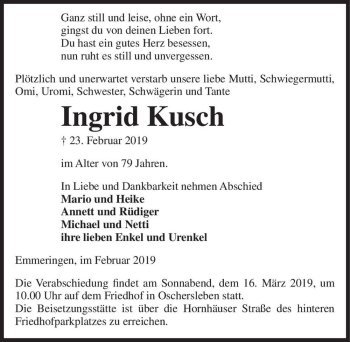 Traueranzeige von Ingrid Kusch  von Magdeburger Volksstimme