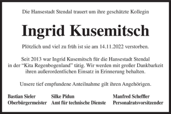 Traueranzeige von Ingrid Kusemitsch  von Magdeburger Volksstimme