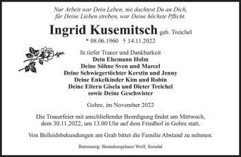 Traueranzeige von Ingrid Kusemitsch (geb. Treichel)  von Magdeburger Volksstimme